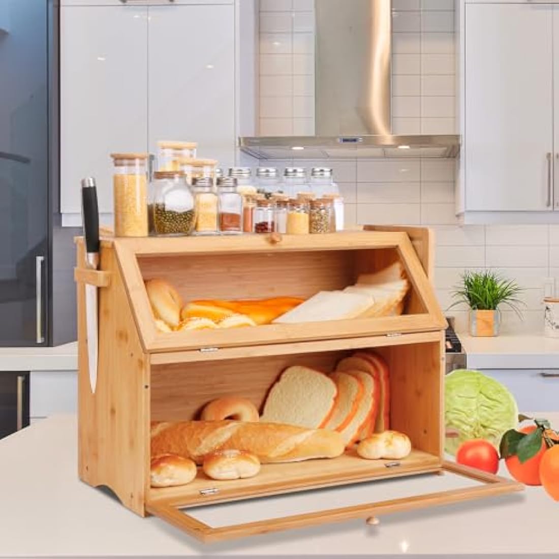 Leader Accessories Double Decker Bamboo Bread Bin 2-Layer Bread Box Large Capacity Bread Storage for Kitchen 19.7"x9.8"x14.5"