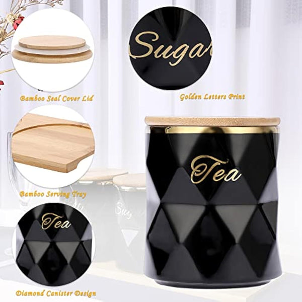 BTSKY Black Ceramic Sugar Coffee Tea Canisters with Lid and Tray - Airtight Set of 3 Storage Canisters Food Storage Containers Pots Jars with Bamboo Lid for Kitchen Counter