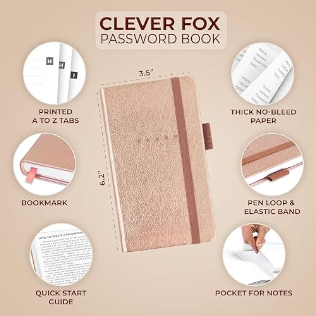 Clever Fox Password Book Pocket – Small Internet Address & Password Journal Organizer – Computer & Website Log-In Keeper Notebook (Rose Gold)