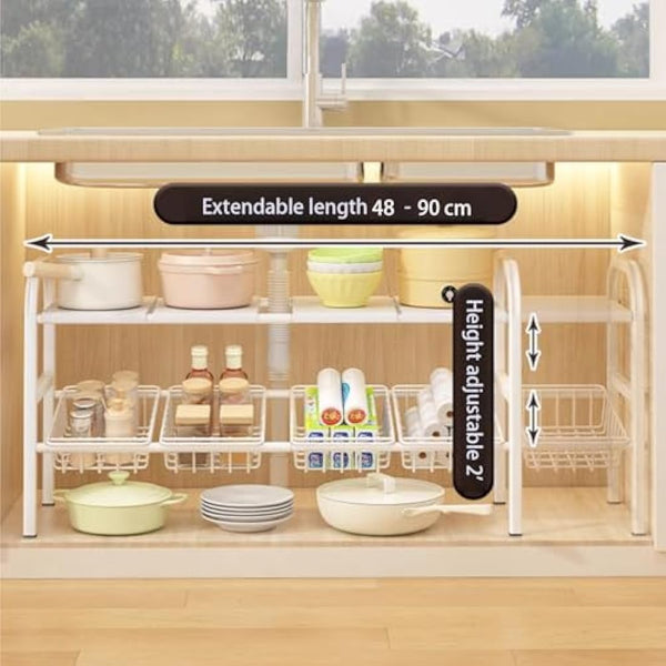 Under Sink Storage Kitchen Organiser,2 Tier Extendable Under Sink Shelf Organiser,With 5 Removable Panels And 5 Storage Basket,Stainless Steel Pipes - White