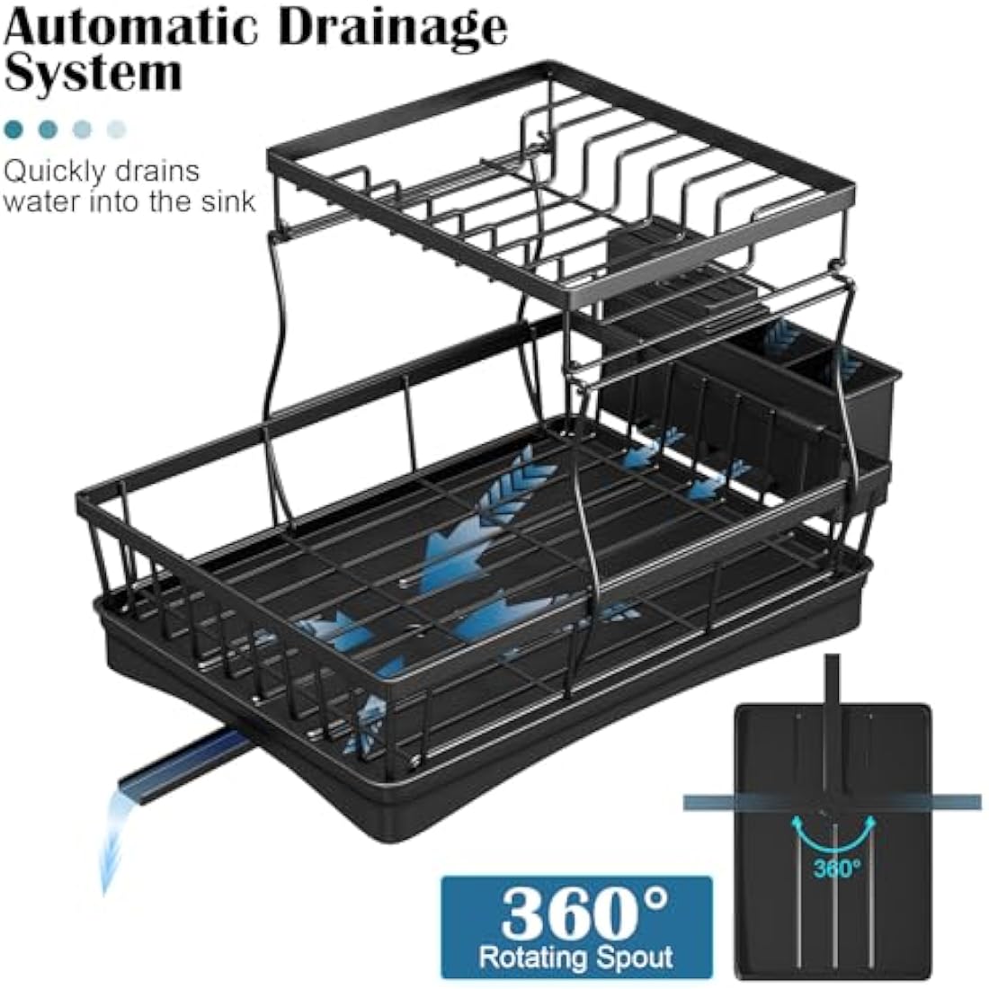 StowBin 2 Tier Dish Drainer Rack for Kitchen Counter - Space-Saving Dish Rack with Utensil Holder, Large Capacity Dish Drying Rack with Draining Board, Black