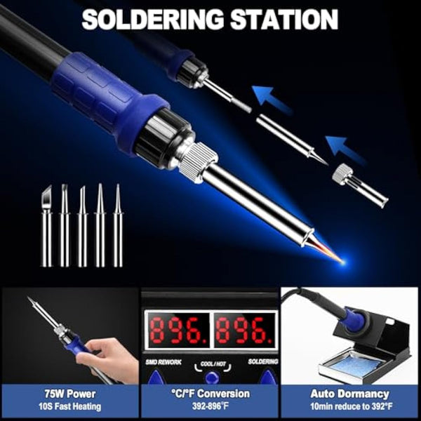 Yofuly 750W Soldering Iron Station, 2 in 1 Hot Air Gun Rework Station Cold/Hot Air Conversion 100~480°C/212~896℉ Adjustable Digital Temperature Solder Station 8786D SMD Soldering & Desoldering Kit