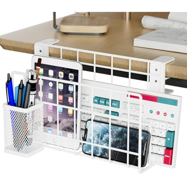 THYGIFTREE Desk Side Storage, Vertical Laptop Stand, Laptop Holder Desk with Pen Holder, Clamp on Shelf (WHITE)