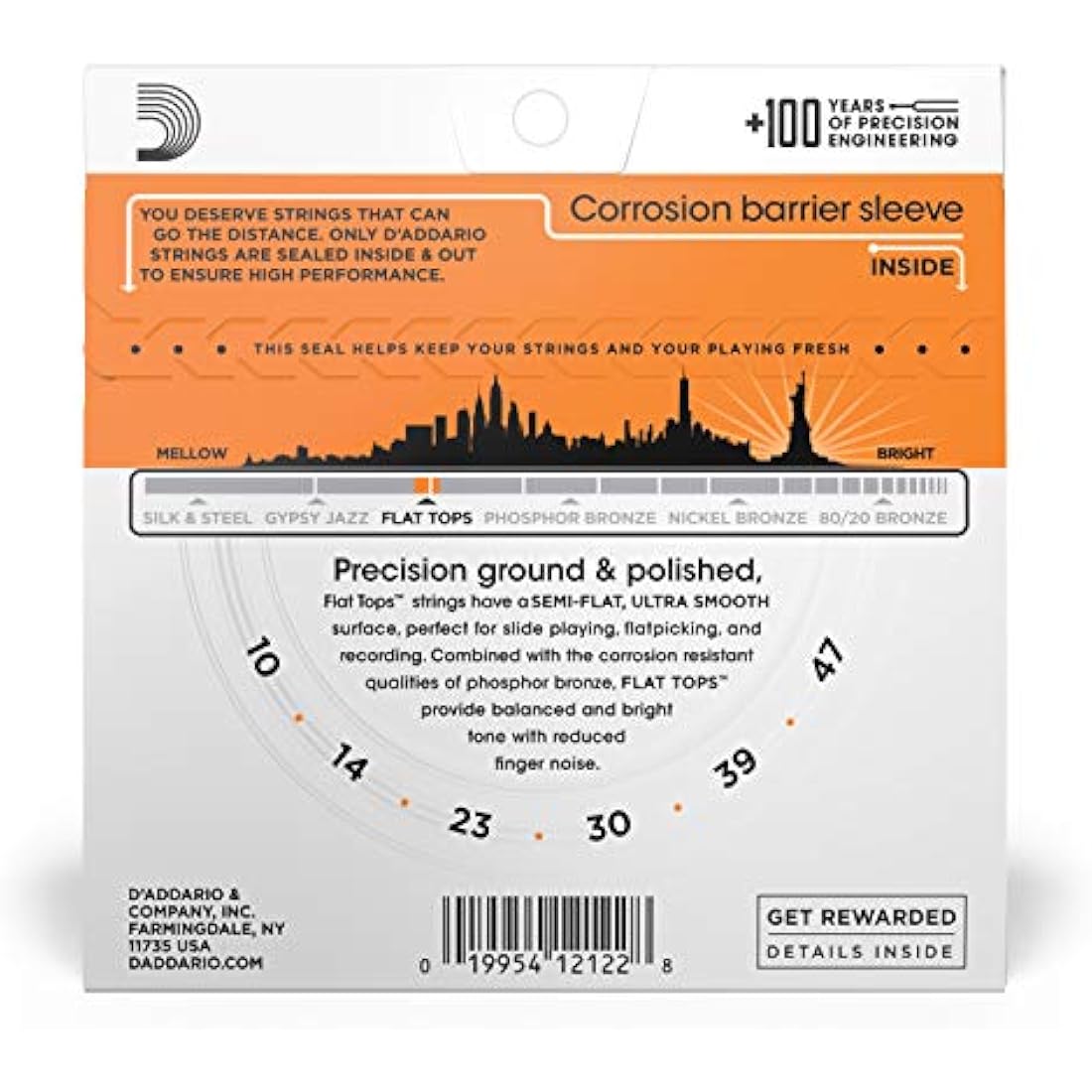 D'Addario Guitar Strings - Acoustic Guitar Strings - Flat Tops Phosphor Bronze - For 6 String Guitar - Warm, Semi-Bright Tone - EFT15 - Extra Light, 10-47