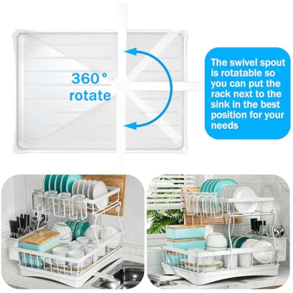 7 code Large Dish Drying Rack for Kitchen Counter,Detachable Large Capacity Dish Drainer Organizer with Utensil Holder,2-Tier Dish Drying Rack with Drain Board,White
