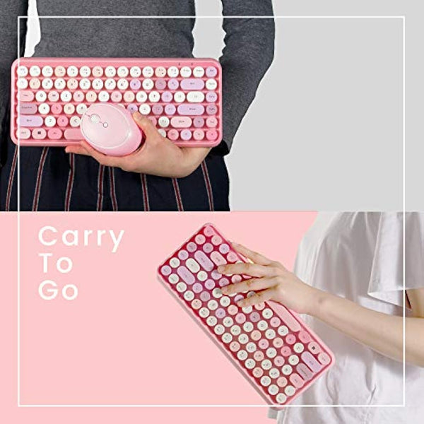 Perixx PERIDUO-713 Wireless 2.4 GHz Cute Keyboard and Mouse Combo, Retro Round Key Caps, UK Layout, Pastel Pink