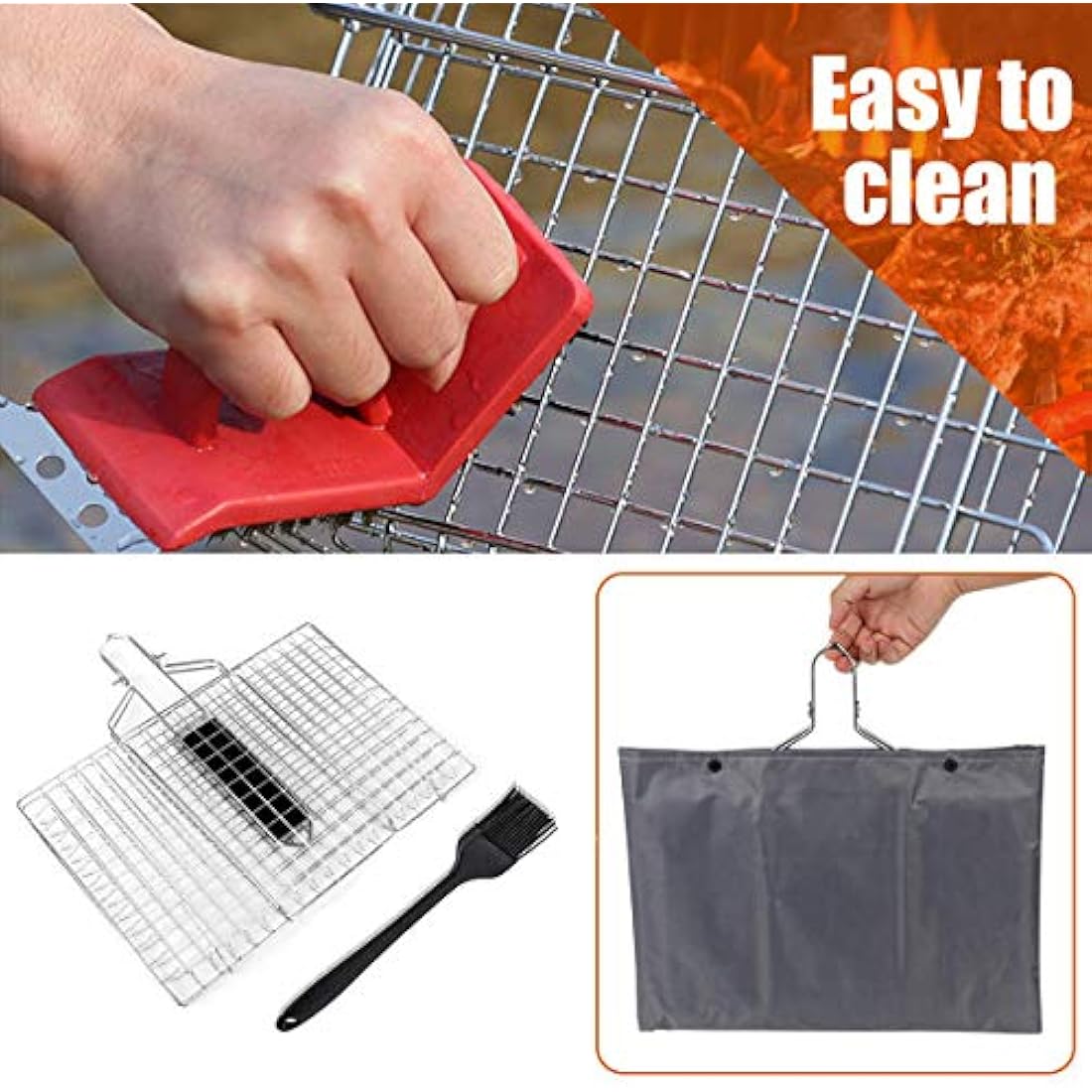 Pecco BBQ Grilling Basket, Foldable Stainless Steel Barbecue Grill Basket for Fish Vegetables Shrimp with Removable Handle, Basting Brush and Storage Bag 32x22cm