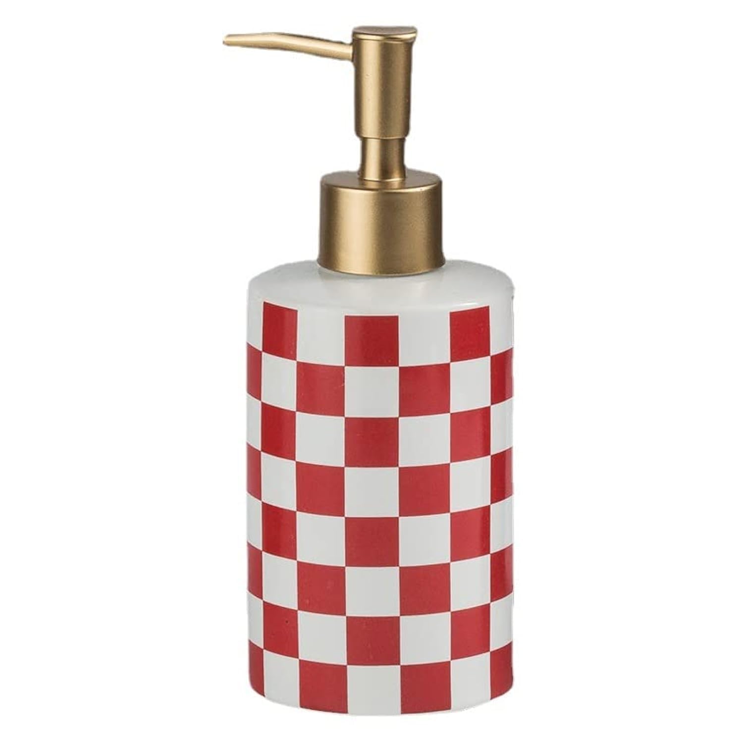 Checkered Ceramic Soap Dispenser Rust Proof Gold Matte Pump Decorative Soap Dispenser Bathroom or Kitchen (Red & White)