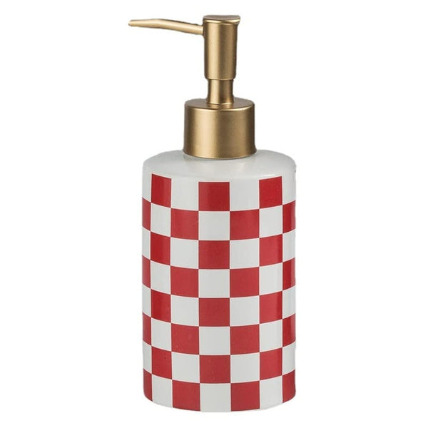 Checkered Ceramic Soap Dispenser Rust Proof Gold Matte Pump Decorative Soap Dispenser Bathroom or Kitchen (Red & White)