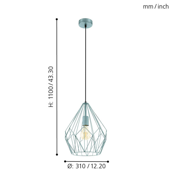 Eglo Carlton 1 Vintage Pendant Lamp, Retro Ceiling Light in Mint Steel, Dining and Living Room Hanging Lighting, E27 Socket