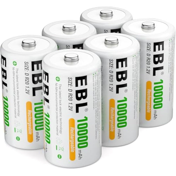EBL 6 Counts D Rechargeable Batteries 10000mAh High-capacity D Size NiMH Batteries with Durable Storage Case for D Cell Rechargeable Batteries