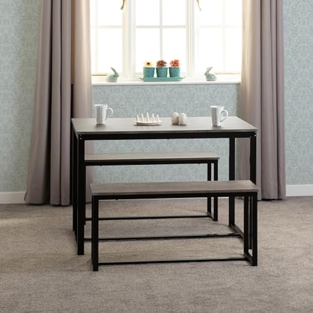 Seconique Lincoln 1+2 Dining Bench Set in Stone Effect/Black