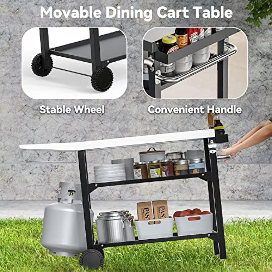 onlyfire BBQ Trolley Food Prep Table Stainless Steel, Flattop Worktable with Side table, Two-Layer Steel Storage Shelves and Utensil Holder
