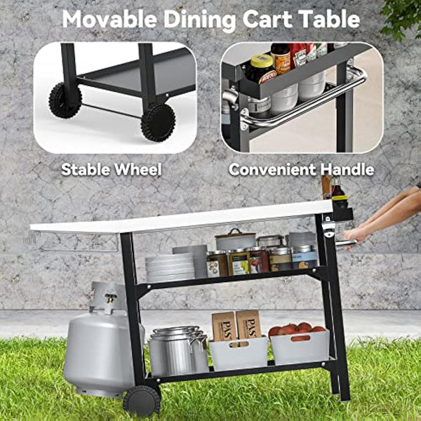 onlyfire BBQ Trolley Food Prep Table Stainless Steel, Flattop Worktable with Side table, Two-Layer Steel Storage Shelves and Utensil Holder