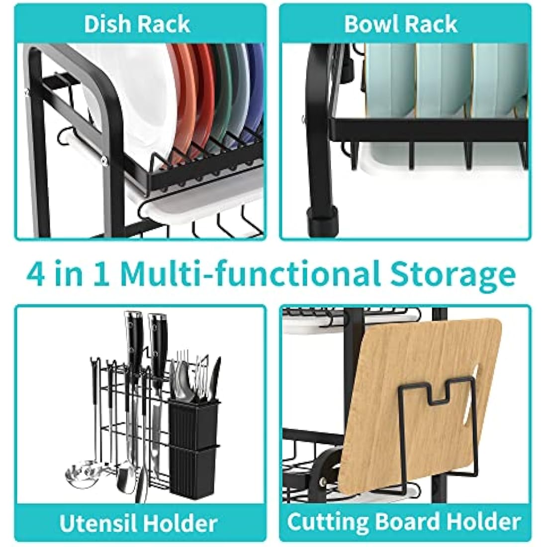niffgaff 2 Tier Black Dish Drainer Rack, Stainless Steel Drying Rack Kitchen, Drainers Draining Board with Drip Tray, Rust Proof Large Washing Up Sink