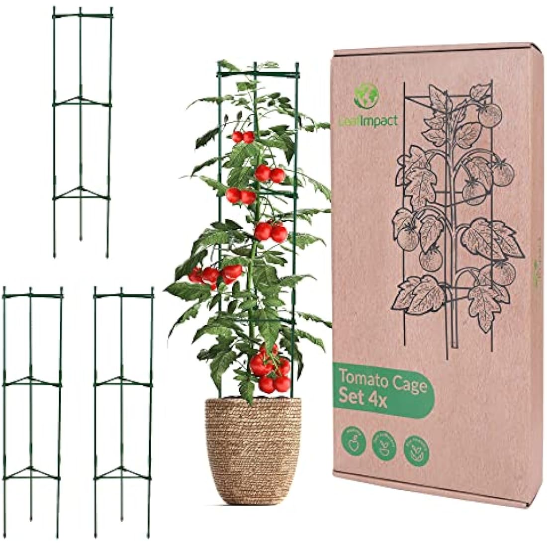 LeafImpact 4-Pack Adjustable Metal Tomato Cage | Green | Plant Support Cage | Square, Hexagonal, Teepee | For Vertical Climbing Plants & Vegetables