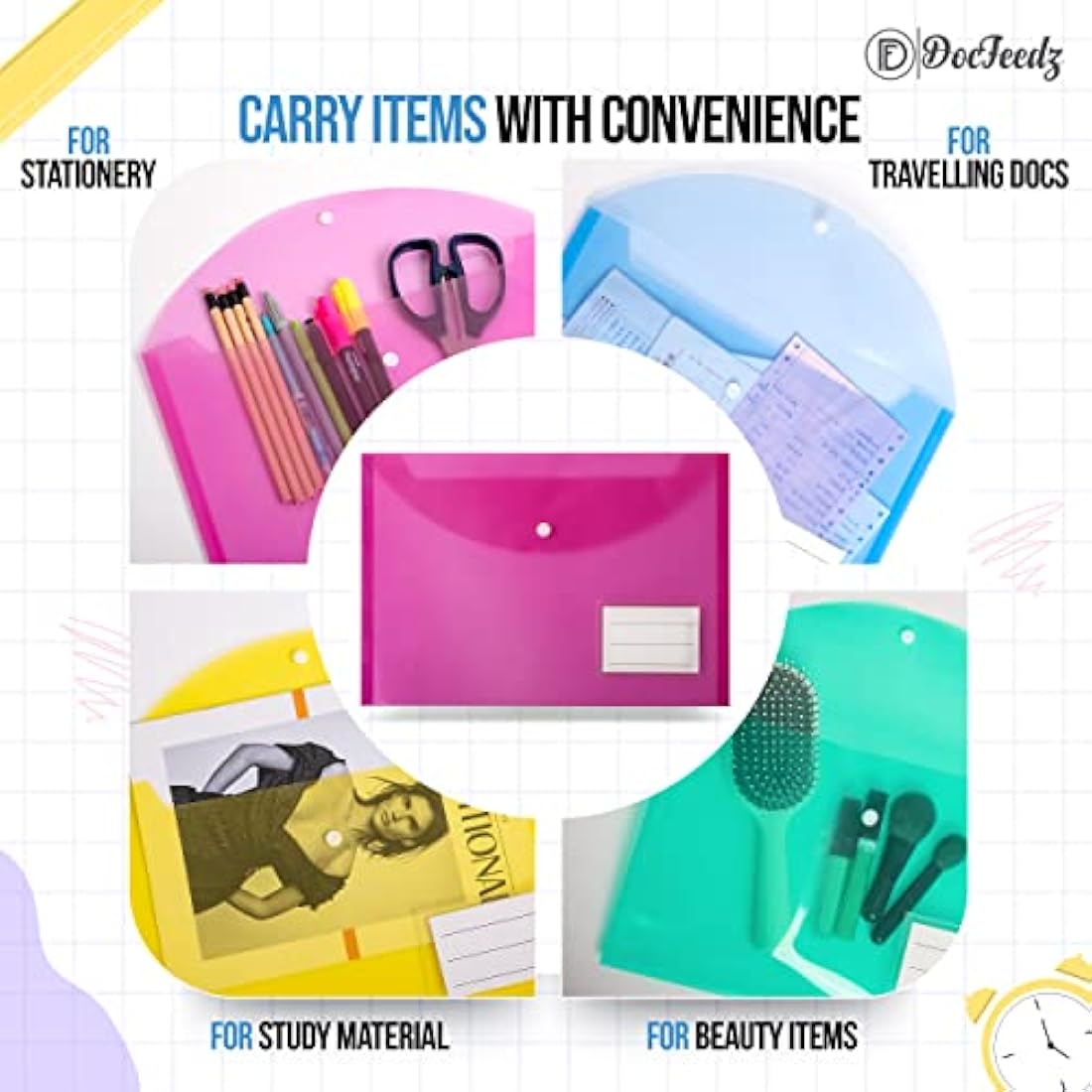 DocFeedz Plastic Wallets A4 - Pack of 25 Waterproof Plastic Folders for Documents 33.2 x 23.4 cm - 5 Assorted Colours Popper Wallet A4 with Snap Button and Label for Home, Office, School and Travel