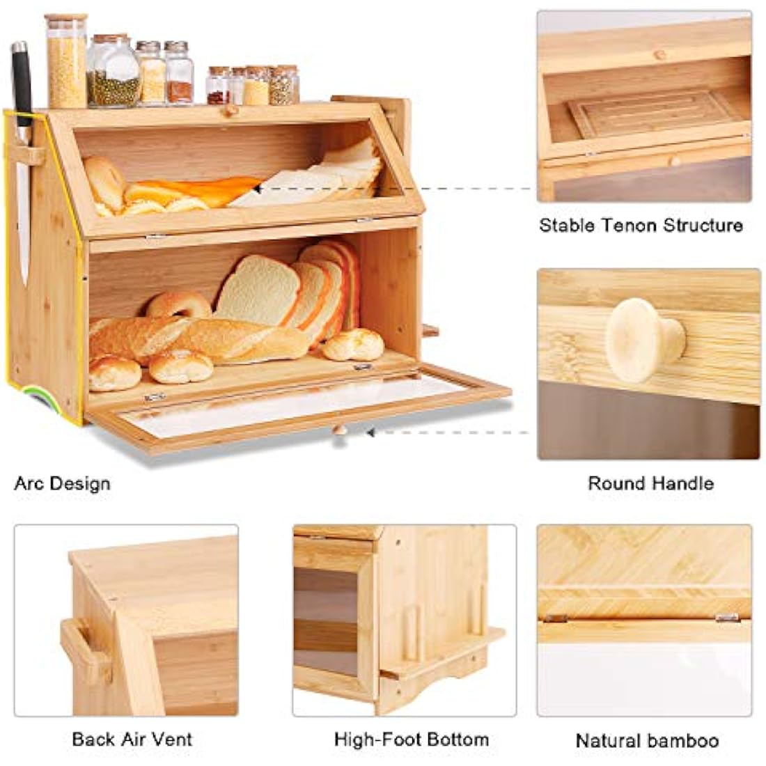 Leader Accessories Double Decker Bamboo Bread Bin 2-Layer Bread Box Large Capacity Bread Storage for Kitchen 19.7"x9.8"x14.5"