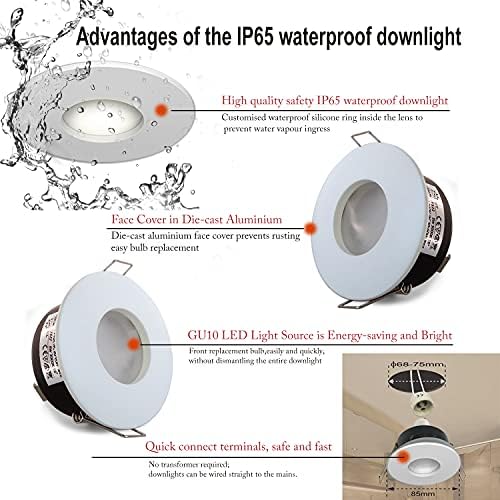 4XSweier IP65 Waterproof LED Recessed Ceiling Lights, 5W Warm White 3000K LED Spot, Suitable for Bathroom and Kitchen spotlights (Configure GU10 Lamp Holder) Downlight Cut-Out 68mm