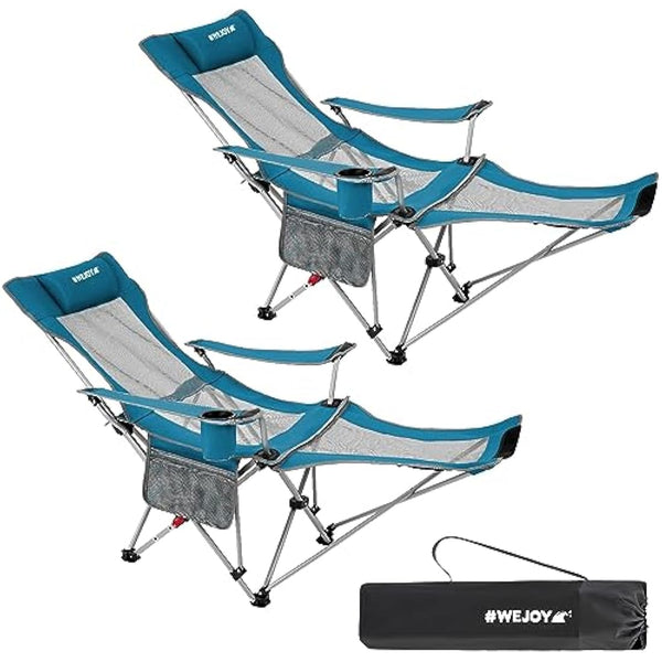 #WEJOY Camping Chairs Folding Recliner Chair Adjustable with Detachable Footrest Headrest Cup Holder Lightweight Portable Reclining Camp Chair Fold Up Chair for Outdoor Beach Garden, Cyan Set of 2