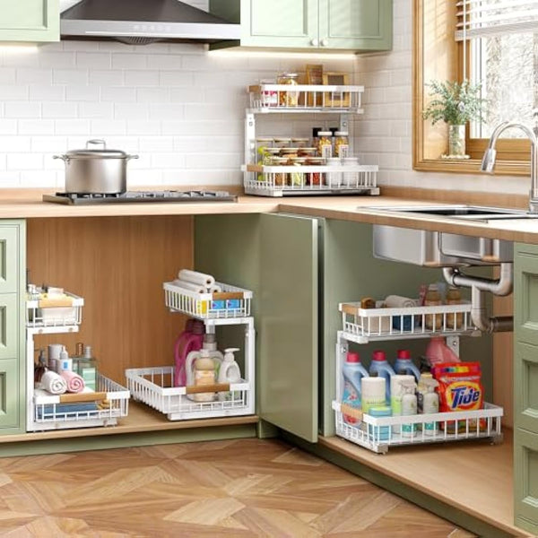 Kitstorack 2 Pack Under Sink Storage, 2 Tier Metal Pull Out Kitchen Under Sink Organiser, Under Cupboard Storage for Kitchen Bathroom Cabinet Organization Rack,White