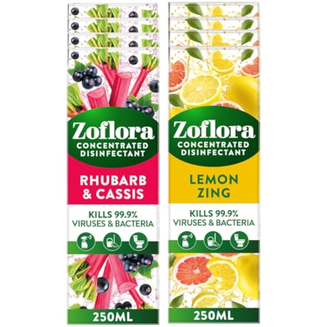 Zoflora Mixed Pack Concentrated Disinfectant Liquids, 8 x 250ml Pack, Includes Lemon Zing & Rhubarb & Cassis, Antibacterial Multi-Surface Cleaners, Kills 99.9% of Germs