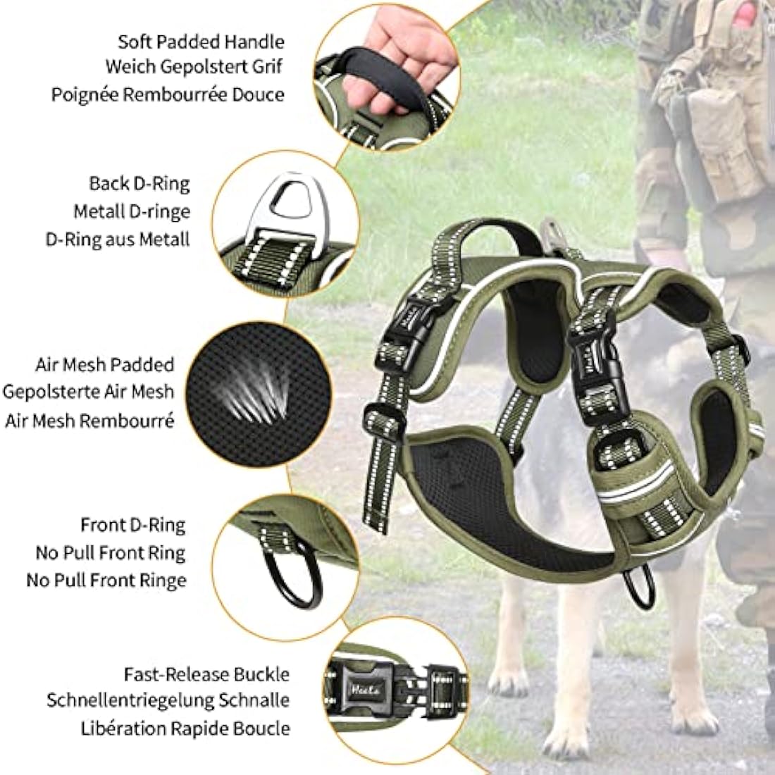 HEELE Dog Harness, No Pull, Release on Neck, Reflective, Adjustable, Padded, Green, XS