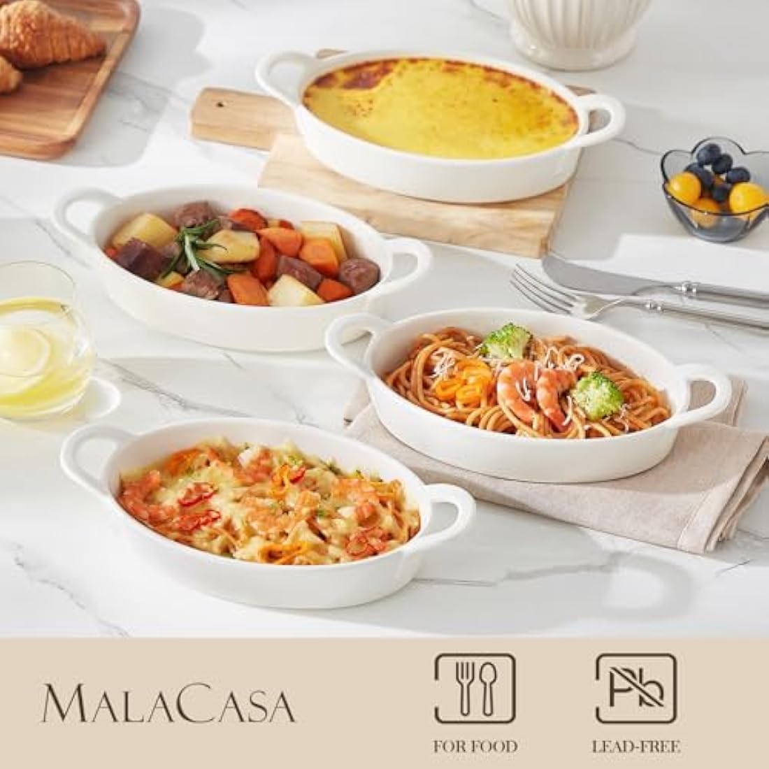MALACASA Oval Ceramic Oven Baking Dishes, Ideal for Lasagne, Shepherds Pie and More - Small Pie Dish, Set of 4, 22 OZ, White, Oven Safe