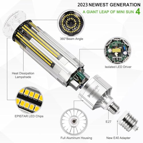 DragonLight Newest 80W Commercial Grade Corn LED Light Bulb Fanless (600 Watt Equivalent) E27/E40 Large Mogul Base LED Lamp 5000K Daylight 9,600LM -