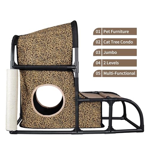 Goetland PVC Modern Cat Condo Cat House Cat Tree Medium Cat Tower Bed Scratching Post Climber Peek Dangling Ball Hole For Kitty Indoors Cat Leopard