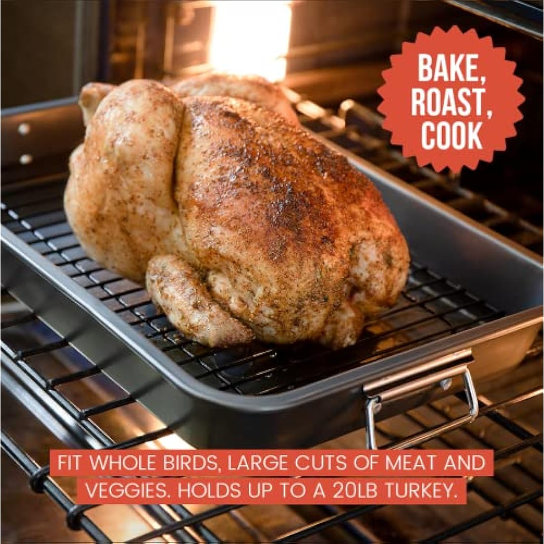 Chef Pomodoro Nonstick Carbon Steel Roasting Pan Roaster with Flat Rack, 16 x 11-Inch (41cm x 28 cm), Large, Grey, Bakeware Rectangular Oven BBQ Baking