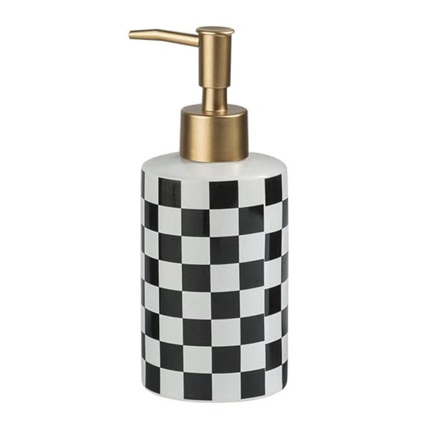 Checkered Ceramic Soap Dispenser with Rust Proof Gold Matte Pump Decorative Soap Dispenser for Bathroom or Kitchen (Black & White)