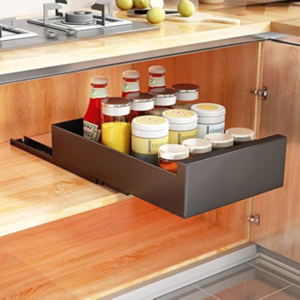 SAYZH Pull Out Cabinet Organiser, Heavy Duty Slide Out Drawer Storage Shelves for Kitchen Cupboard, Extendable Sliding Drawer(43 CM Depth x 25 CM Width x 9CM Height), No Need Drill(Black)