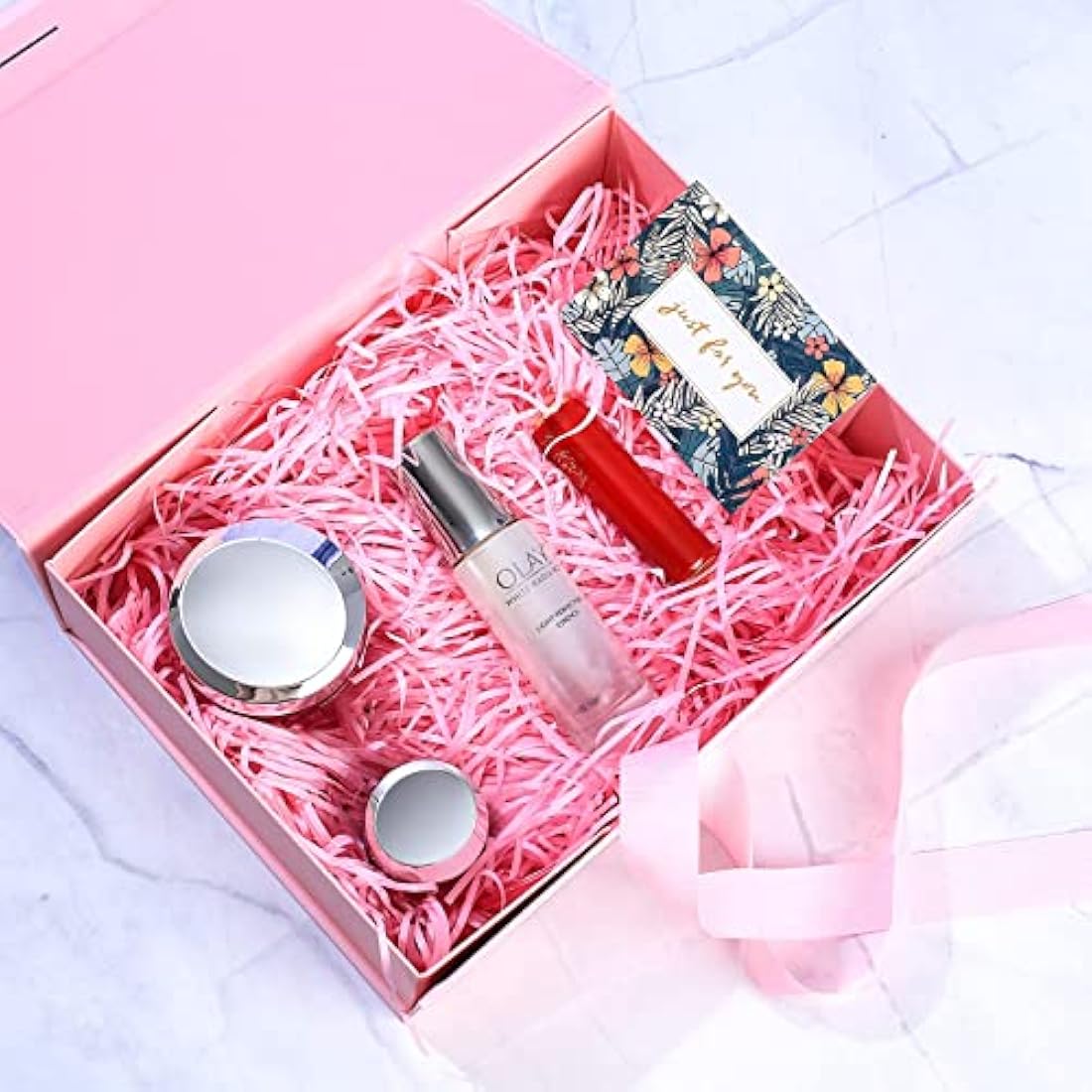 Christmas Pink Gift Box with Ribbon, Luxury Premium Magnetic Present Boxes with Lids, Large Rectangle Gift Packaging Decorative Presentation Box for Present Gifts, with Shredded Paper, Cards