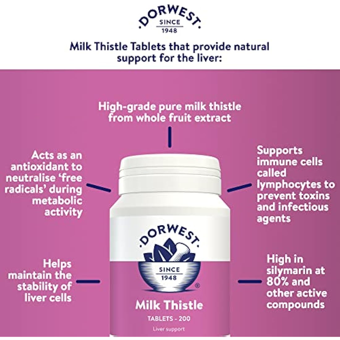 Dorwest Milk Thistle Tablets for Dogs and Cats, 200 Tablets, Supports Liver Function, Antioxidant for Dogs, Immune System Heath, Natural Supplement