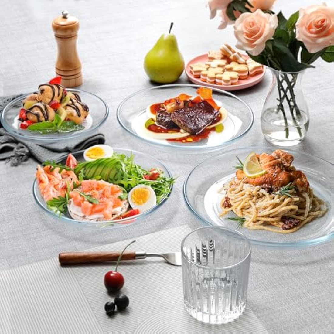 NUTRIUPS 4 Pack 10in Glass Dinner Plates, Clear Tempered Glass Plates, Glass Serving Dinnerware for Pasta, Salad, Dishwasher & Microwave Safe
