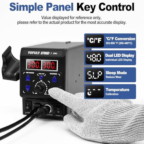 Yofuly 750W Soldering Iron Station, 2 in 1 Hot Air Gun Rework Station Cold/Hot Air Conversion 100~480°C/212~896℉ Adjustable Digital Temperature Solder Station 8786D SMD Soldering & Desoldering Kit