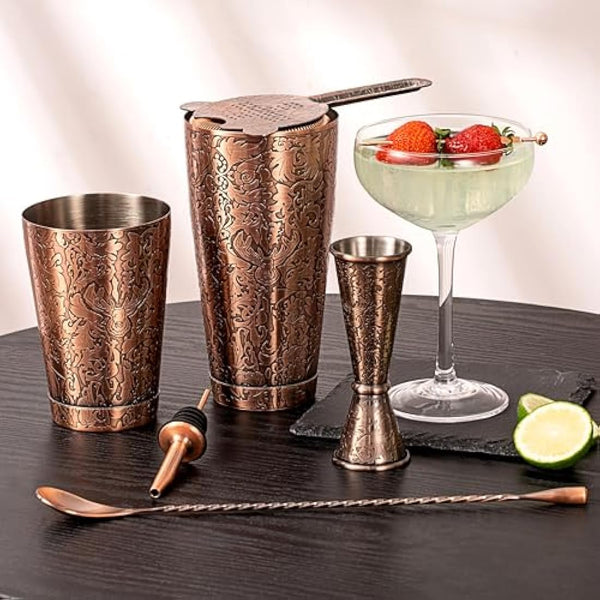SKY FISH Boston Cocktail Shaker Set, 3D Embossed Design Bartender Set, 18-Piece Cocktial Making Kit, Stainless Steel Barware Tool Set, Antique Copper