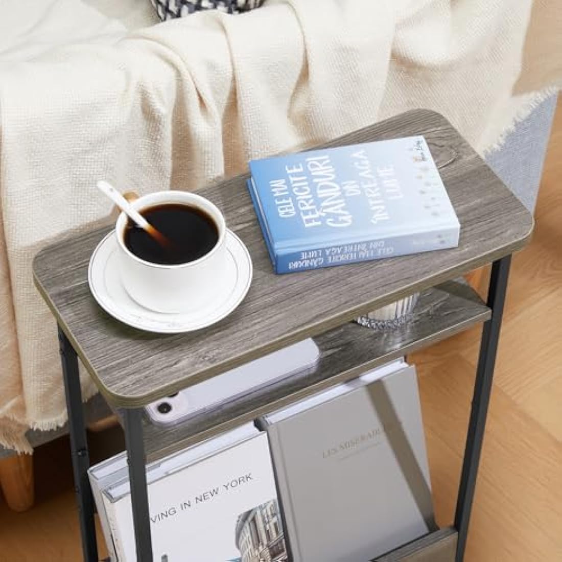 YEAKOO Narrow Side Table for Narrow and Small Spaces, Skinny Bedside Table Small Nightstand with Magazine Rack Space Saving (Grey, M)