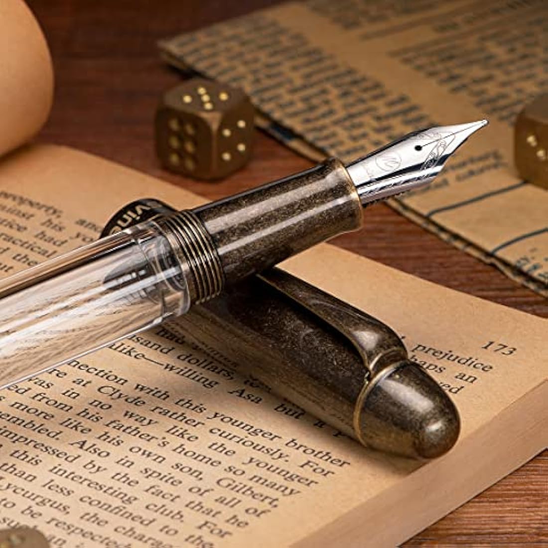 Asvine P30 Piston Fountain Pen Medium Nib, Retro Brass Style, Transparent Acrylic Large Ink Capacity Writing Gift Box