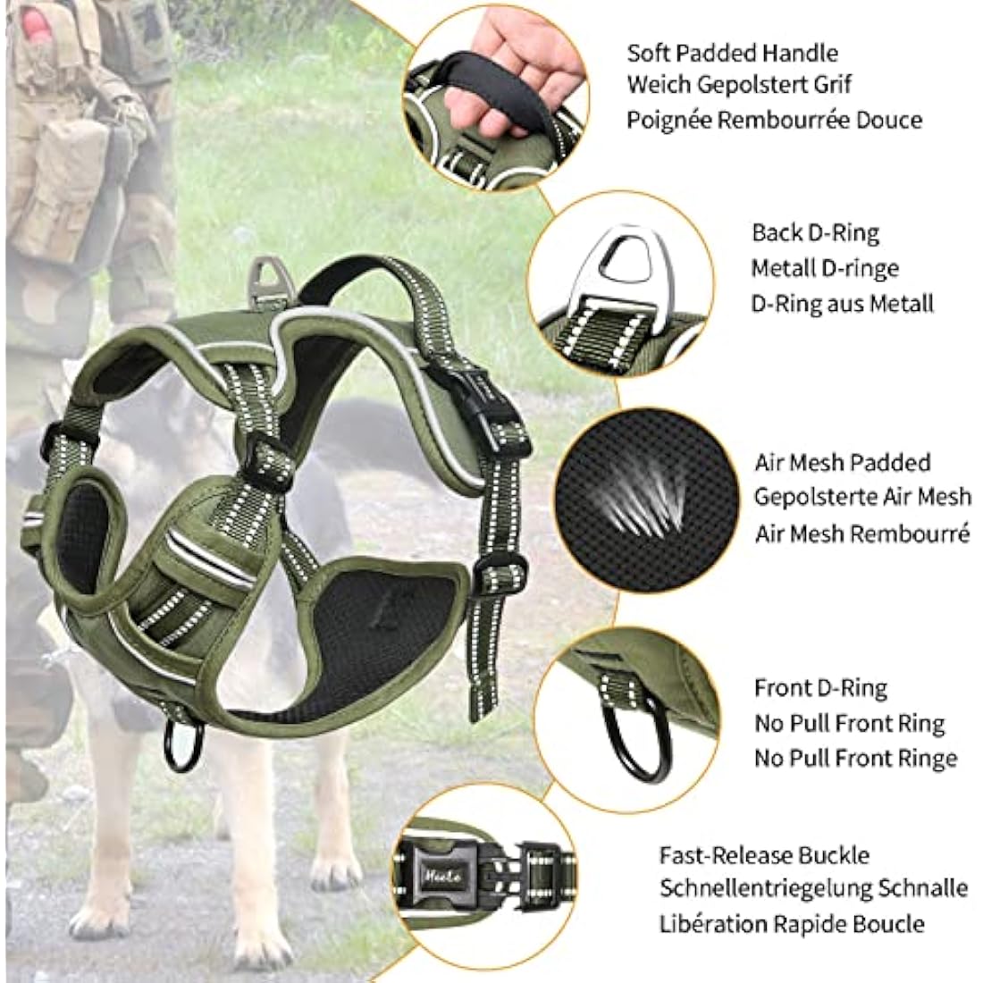 HEELE Dog Harness for Small Medium Large Dogs No Pull Adjustable Padded Reflective Harness with Handle for Walking Training, Green, XS