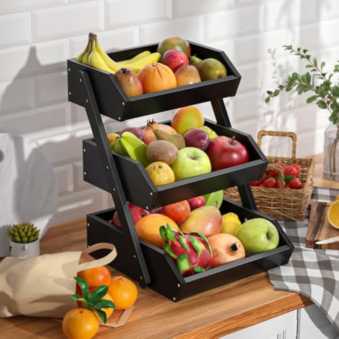 CALM COZY Bamboo Fruit Basket, 3-Tier Fruit Rack Holder Organiser for Countertop, Decorative Fruit Bowl Vegetables Bread Storage Stand for Kitchen, Black