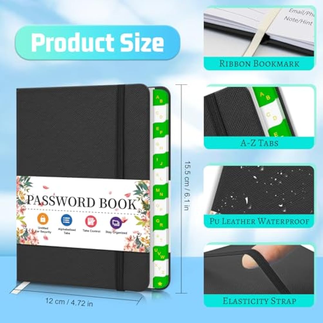 BLESWIN Password Book,Small Keeper Book with Alphabetical Tabs,Password Notebook for Computer and Internet Address Website Login,Password Men Women,Password Safety - Black,(PKB-Black)