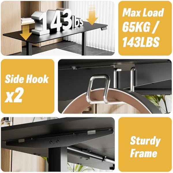 ERGOMAKER Electric Standing Desk 140x60cm (55.1"x23.6"), Height Adjustable Standing Desk with Splice Board, Stand Up Desk with Backpack Hook and Memory Smart Handset(Black Frame + Black Desktop)