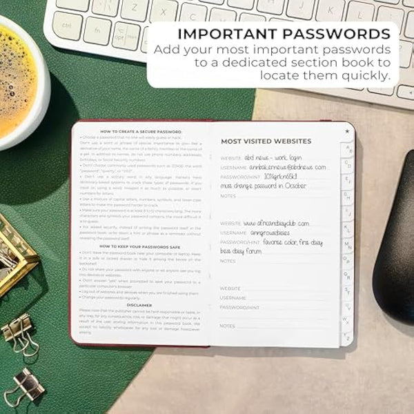 Clever Fox Password Book 2nd Edition Small – Pocket Password Keeper with Laminated Alphabetical Tabs – Internet Address Notebook & Login Details Organizer Journal – 8.9x14.2cm (Wine Red)