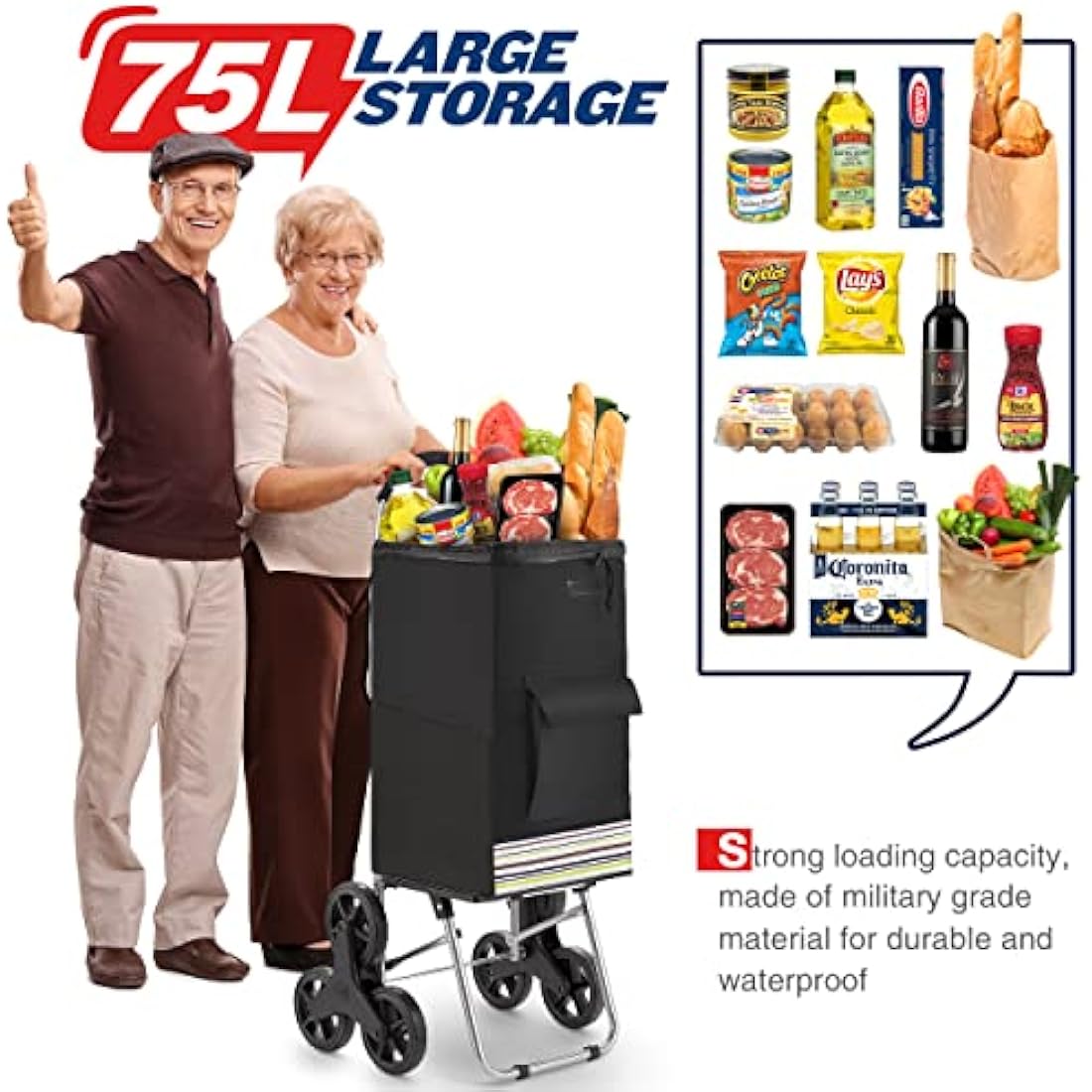 Popolic Shopping Trolley, Stainless Steel, Black, Extra Large