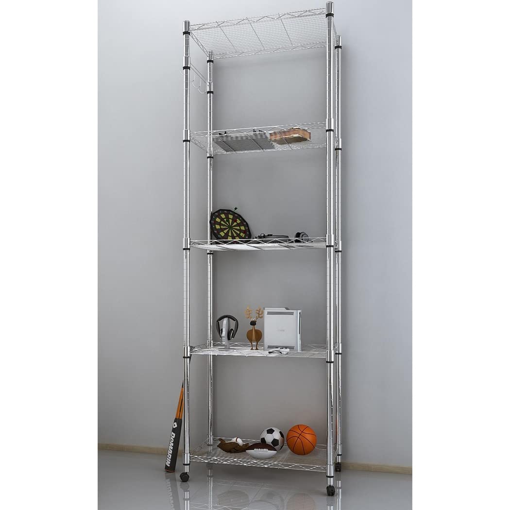 5 Tier Wire Shelving Units on Wheels, Height Adjustable Wire Rack Shelving, Storage Shelves with Casters for Bathroom, Kitchen, Pantry, 59x35x183 cm,