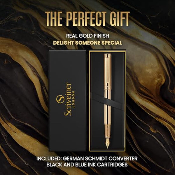 Scriveiner Luxury Fountain Pen - Stunning Gold Pen, Real Gold Plating, Schmidt Gilded Nib (Medium), Converter, Best Pen Gift Set for Men & Women, Professional, Executive, Office, Nice Pens