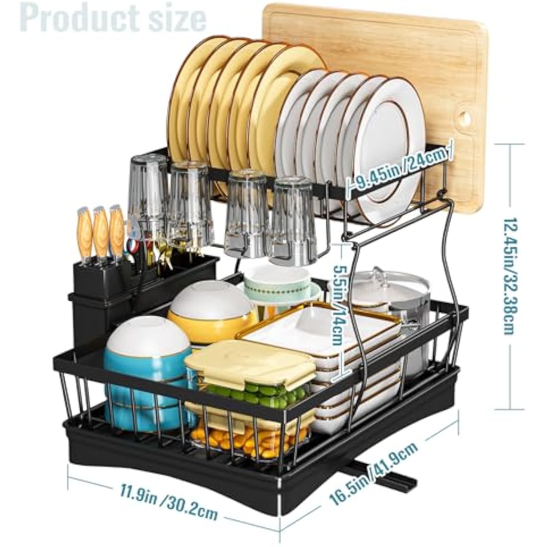 StowBin 2 Tier Dish Drainer Rack for Kitchen Counter - Space-Saving Dish Rack with Utensil Holder, Large Capacity Dish Drying Rack with Draining Board, Black