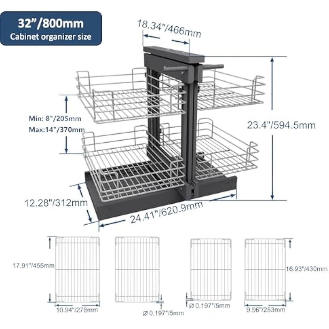 VADANIA Blind Corner Pull Out Organizer for 800mm Cabinet Left Open & Right Open Compatible, Min Opening 370mm, 2-Tier Pull-Out Basket, Soft Close, Bottom Mount